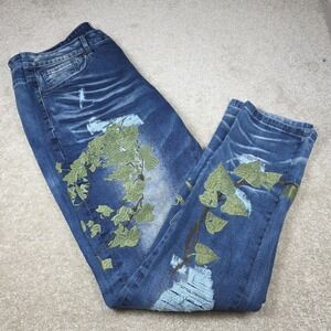 Born Fly Jeans Mens 36 Blue Distressed Embroidered Leaf Vine Straight Leg Denim
